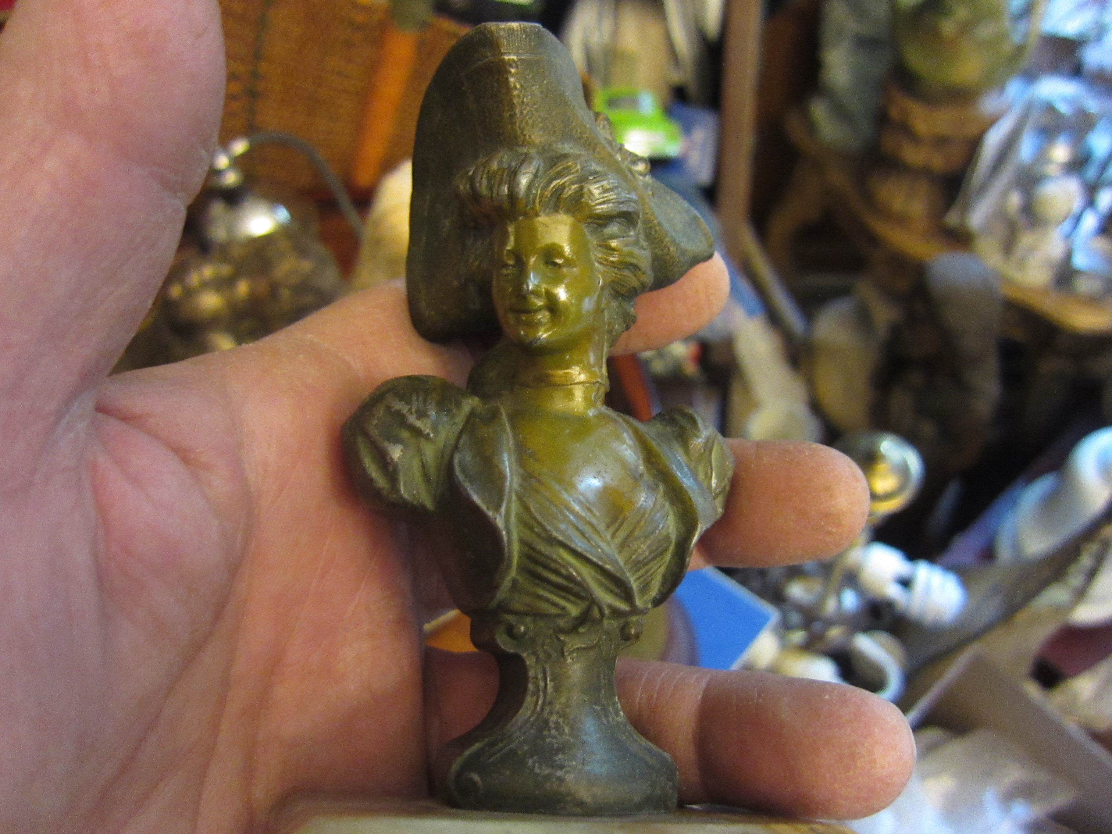 Spelter Bust on Marble, Art Nouveau Victorian Woman in Hat
