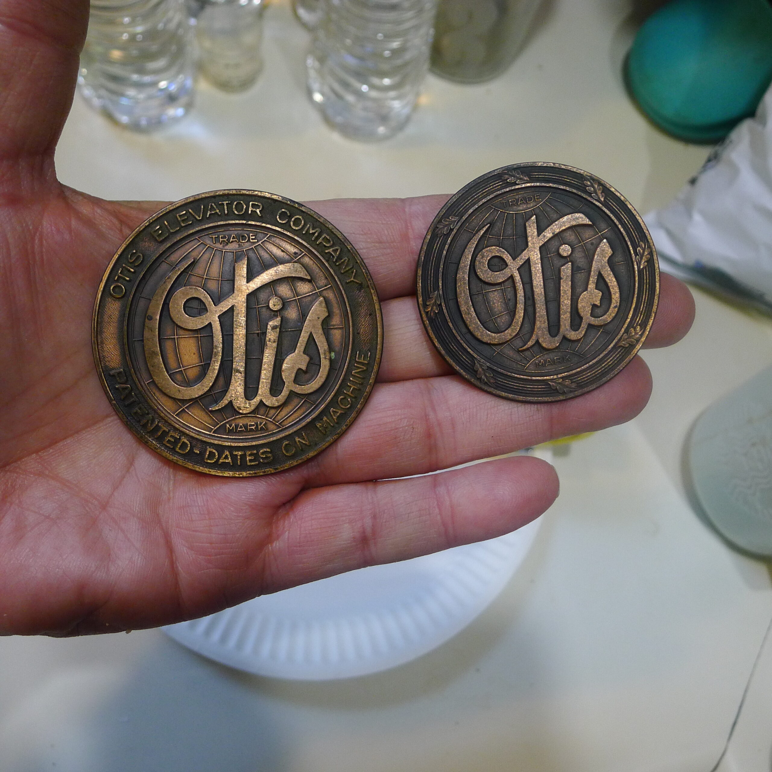 Antique Otis Elevator Car Sign Bronze Copper Nameplate Emblem, Set of Two