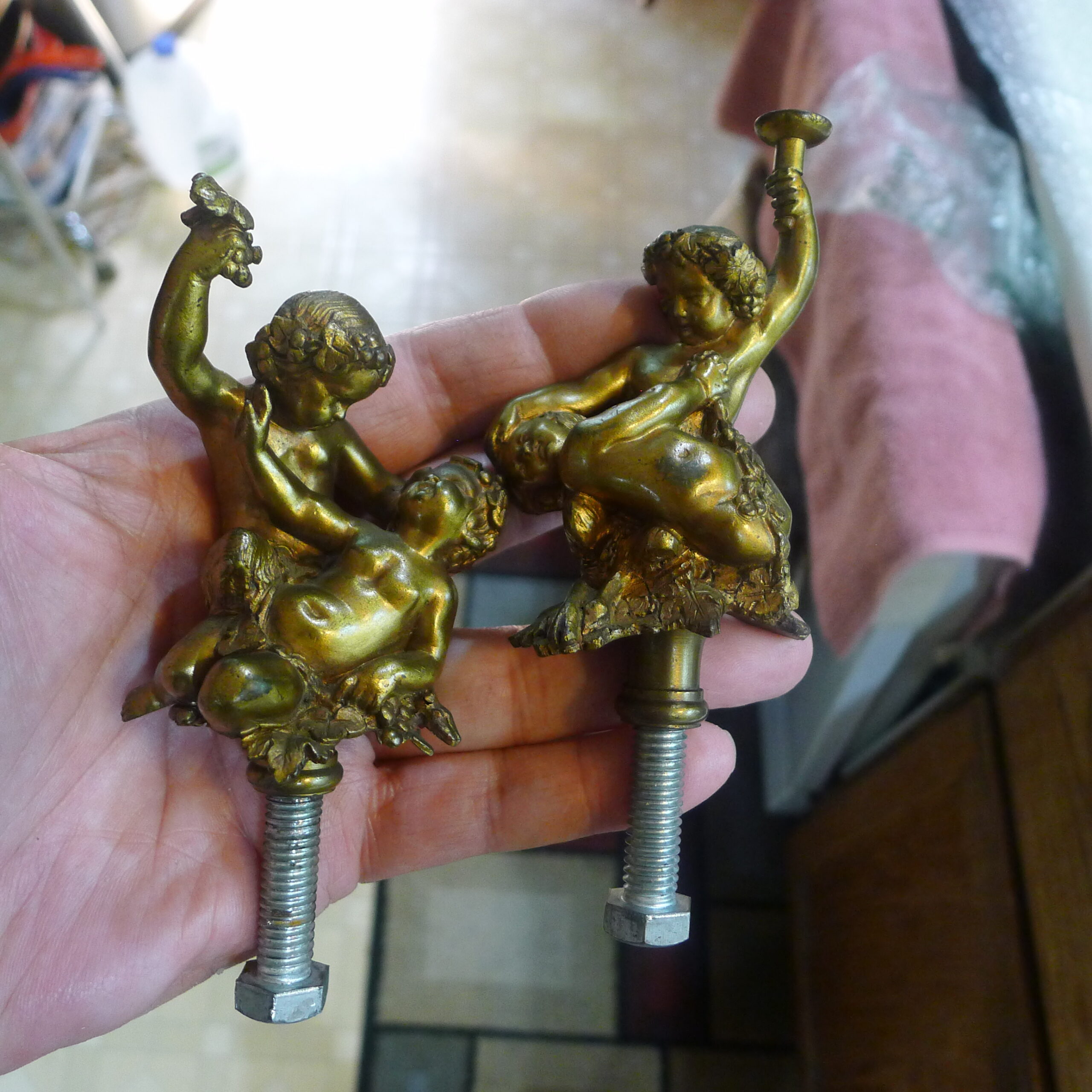 Antique French Gilt Bronze Cherub Lamp Finials Pair Chandelier Toppers 3.5 inches